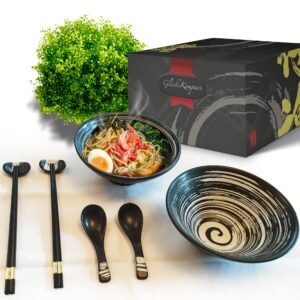 japanese ramen bowl set (8 pcs, ceramic) with chopsticks, spoons, large 8 inches diameter, 32 oz (1 quart) | microwavable | pho bowls noodle soup bowl asian rice bowl