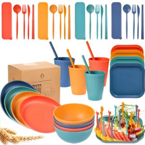 52 pieces wheat straw dinnerware set unbreakable microwave dishwasher safe plates and bowls sets reusable wheat straw plates cups bowls spoon knife fork straw cutlery set for kitchen picnic camping