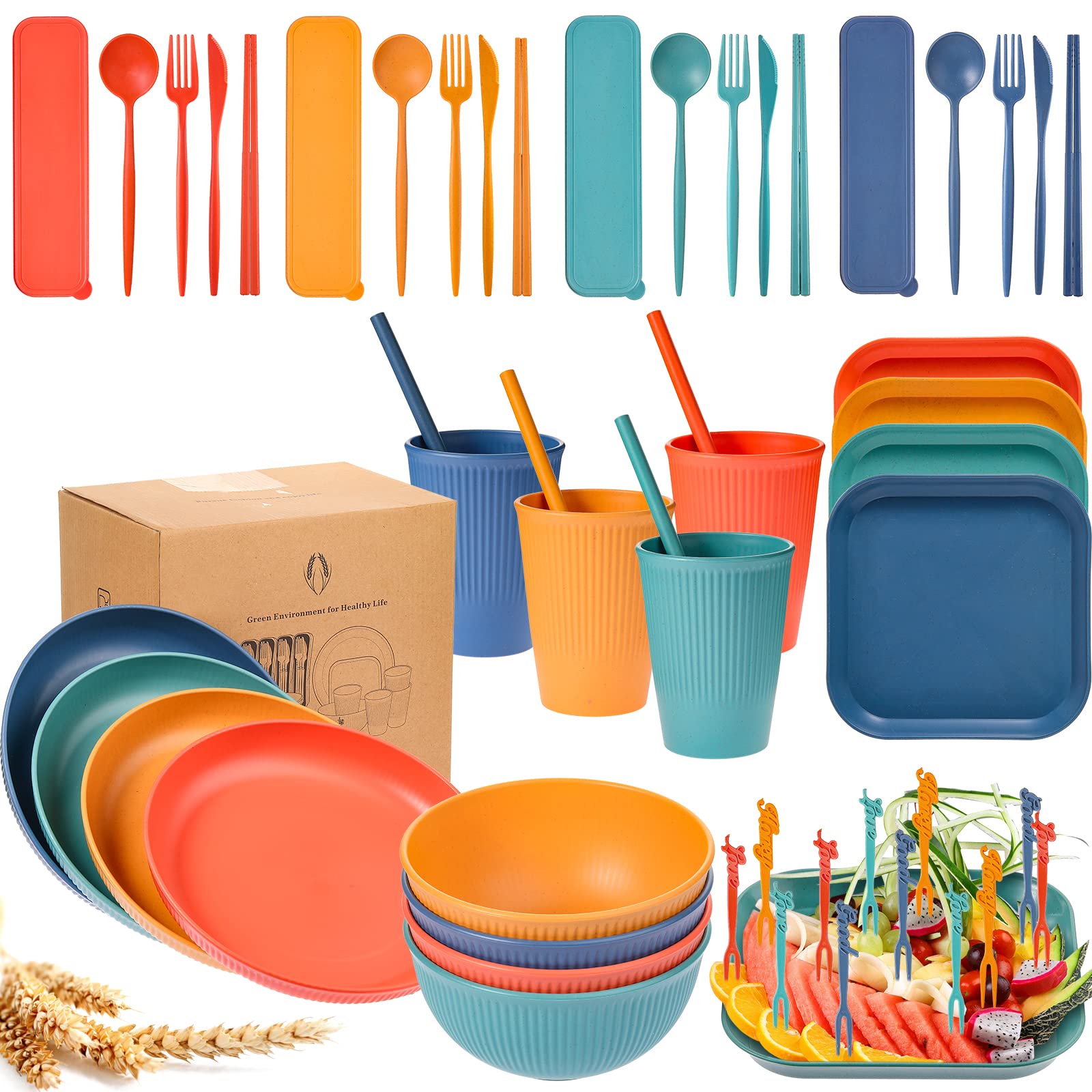 52 Pieces Wheat Straw Dinnerware Set Unbreakable Microwave Dishwasher Safe Plates and Bowls Sets Reusable Wheat Straw Plates Cups Bowls Spoon Knife Fork Straw Cutlery Set for Kitchen Picnic Camping