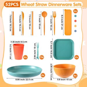 52 Pieces Wheat Straw Dinnerware Set Unbreakable Microwave Dishwasher Safe Plates and Bowls Sets Reusable Wheat Straw Plates Cups Bowls Spoon Knife Fork Straw Cutlery Set for Kitchen Picnic Camping