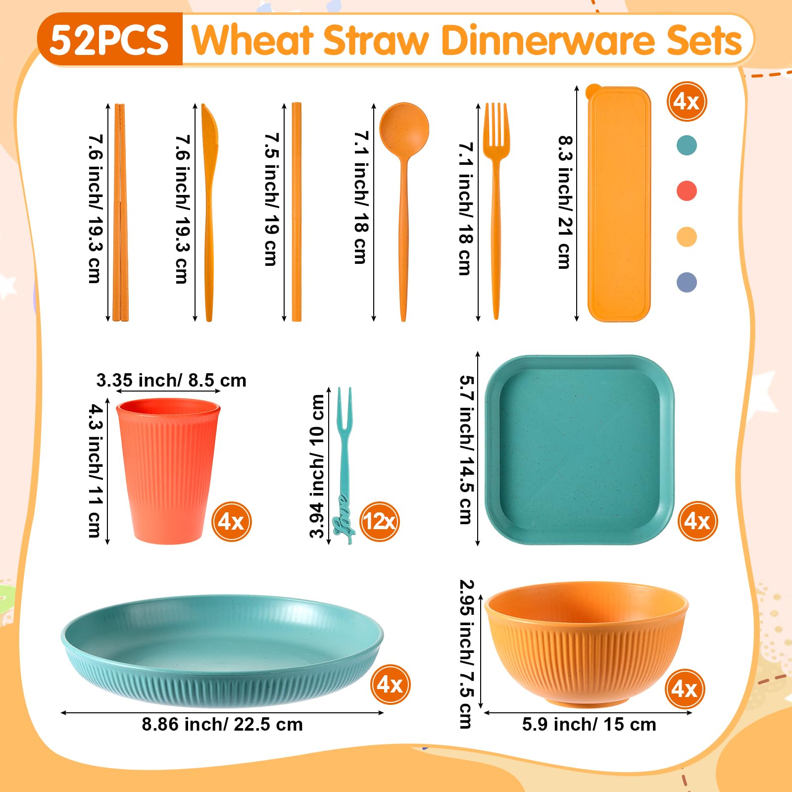 52 Pieces Wheat Straw Dinnerware Set Unbreakable Microwave Dishwasher Safe Plates and Bowls Sets Reusable Wheat Straw Plates Cups Bowls Spoon Knife Fork Straw Cutlery Set for Kitchen Picnic Camping