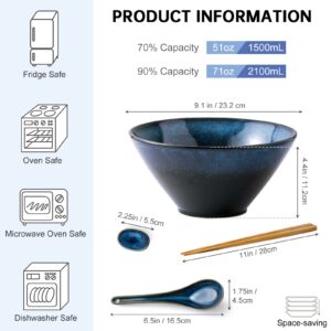 Large Salad Soup Ramen Serving Bowls, 71 OZ Ceramic Japanese Ramen Noodle Bowl with Chopsticks, Spoons and Rests - Super Big Bowl Sets for Udon, Pho, Pasta, Cereal, Set of 2 - Reactive Blue