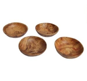 naturally med olive wood dipping bowls, 3.5" l x 3.5" w, set of 4