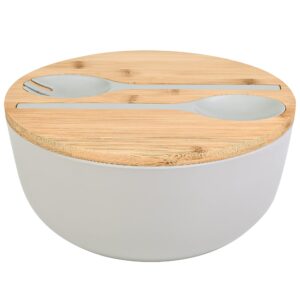bamboo fiber salad bowl with servers set - large 9.8 inches mixing bowls solid bamboo salad wooden bowl with bamboo lid spoon for fruits,salads and decoration (grey, 9.8inch)