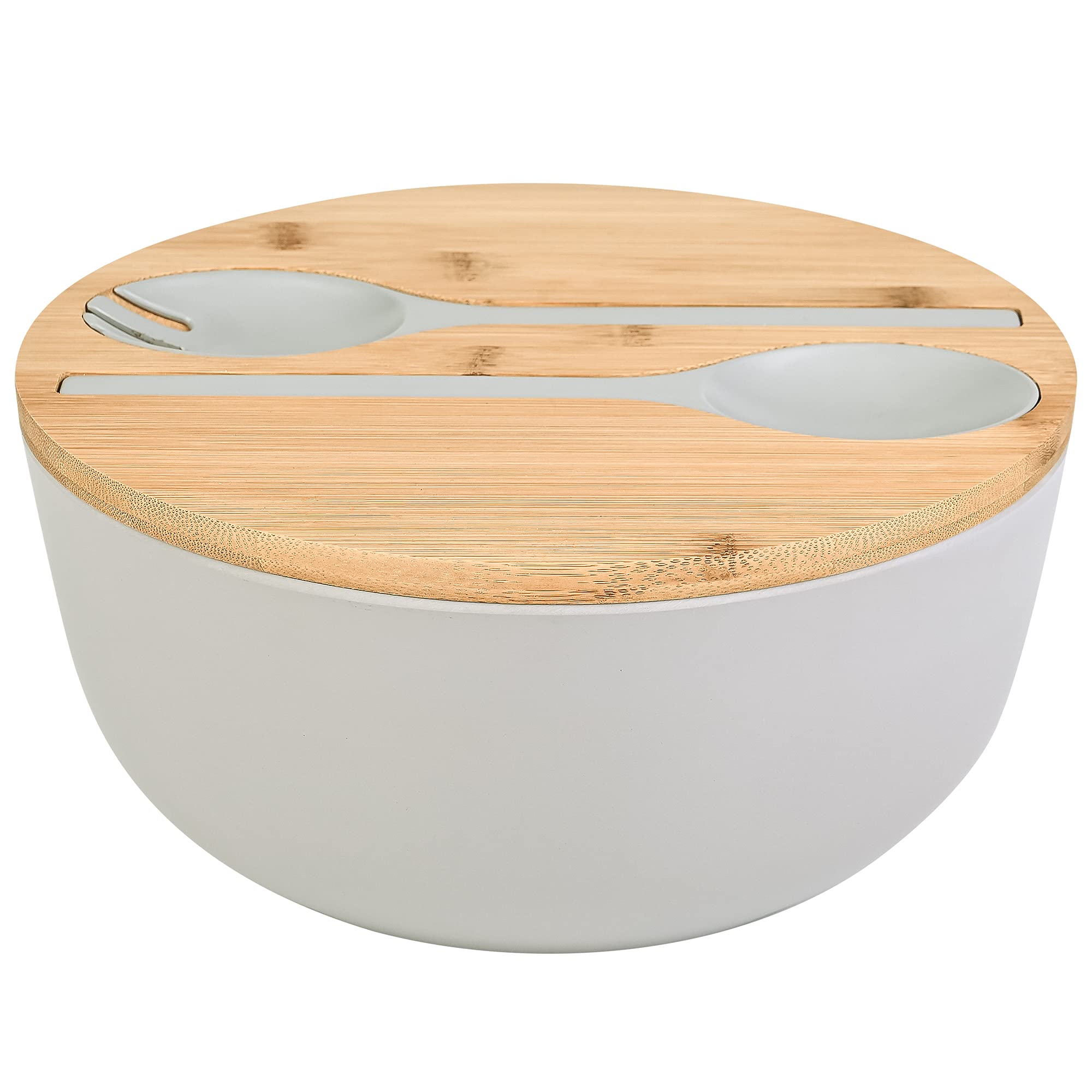 Bamboo Fiber Salad Bowl with Servers Set - Large 9.8 inches mixing bowls Solid Bamboo Salad Wooden Bowl with Bamboo Lid Spoon for Fruits,Salads and Decoration (Grey, 9.8INCH)