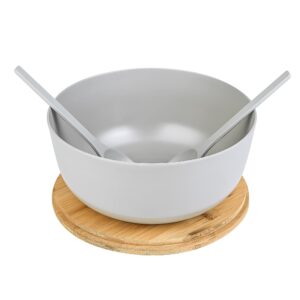 Bamboo Fiber Salad Bowl with Servers Set - Large 9.8 inches mixing bowls Solid Bamboo Salad Wooden Bowl with Bamboo Lid Spoon for Fruits,Salads and Decoration (Grey, 9.8INCH)