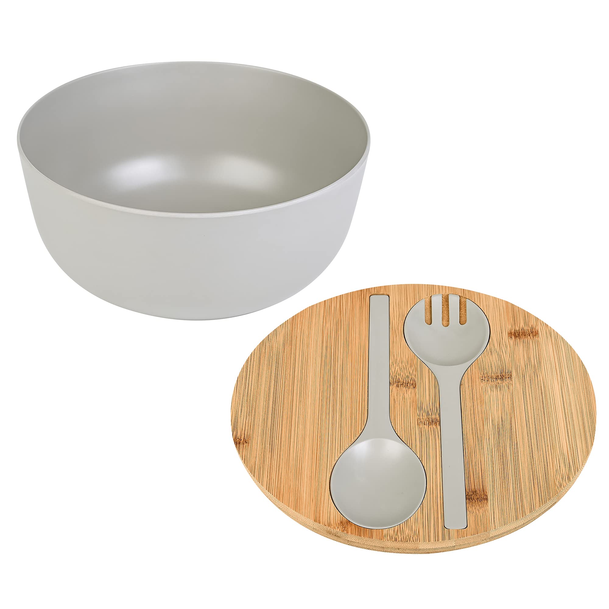 Bamboo Fiber Salad Bowl with Servers Set - Large 9.8 inches mixing bowls Solid Bamboo Salad Wooden Bowl with Bamboo Lid Spoon for Fruits,Salads and Decoration (Grey, 9.8INCH)