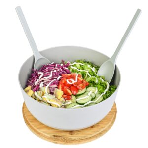 Bamboo Fiber Salad Bowl with Servers Set - Large 9.8 inches mixing bowls Solid Bamboo Salad Wooden Bowl with Bamboo Lid Spoon for Fruits,Salads and Decoration (Grey, 9.8INCH)