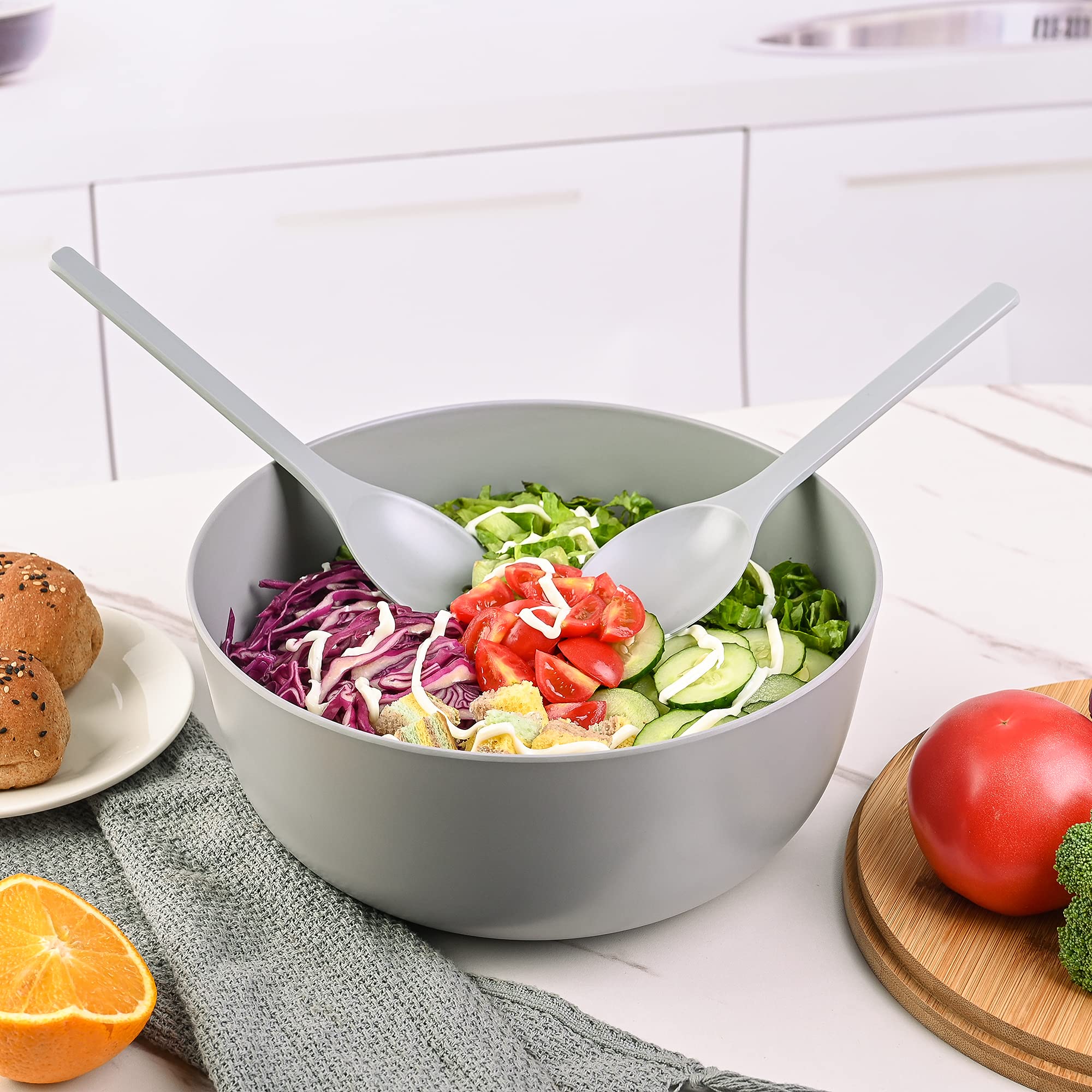 Bamboo Fiber Salad Bowl with Servers Set - Large 9.8 inches mixing bowls Solid Bamboo Salad Wooden Bowl with Bamboo Lid Spoon for Fruits,Salads and Decoration (Grey, 9.8INCH)