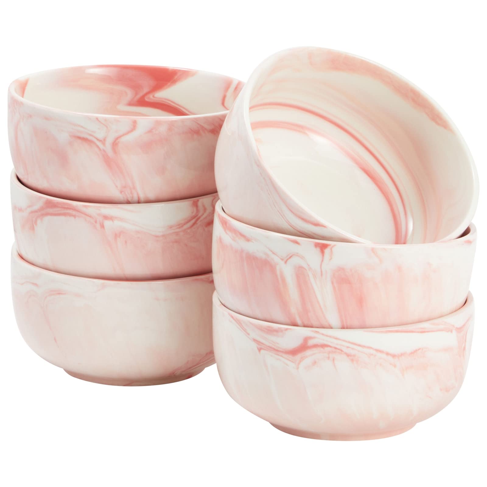 Juvale Set of 6 Porcelain Pasta Bowls, Pink Marble Design Dinnerware for Salad and Soup (6 x 3 In, 28 oz)