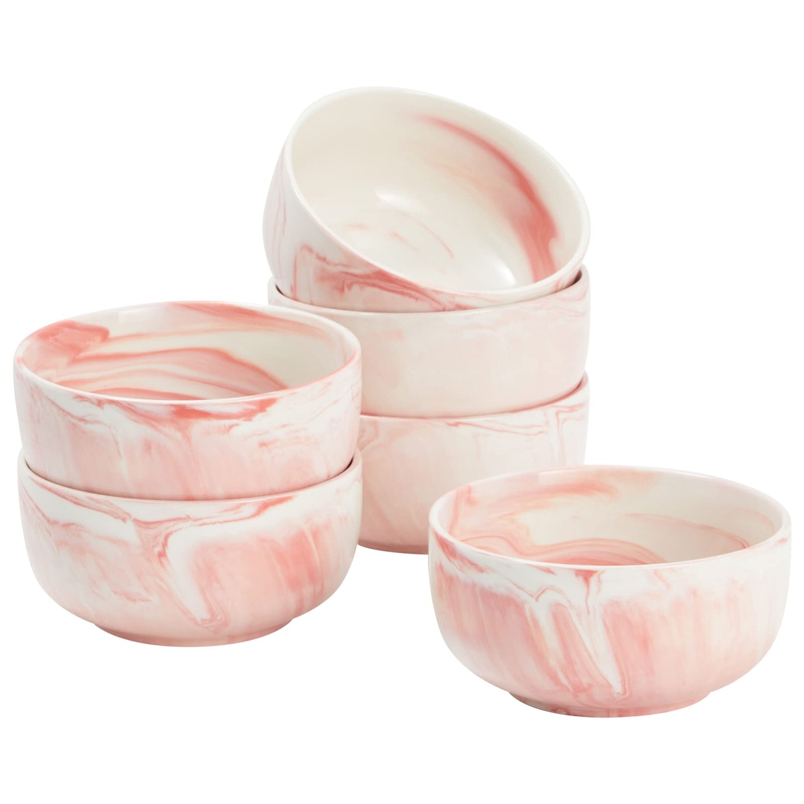 Juvale Set of 6 Porcelain Pasta Bowls, Pink Marble Design Dinnerware for Salad and Soup (6 x 3 In, 28 oz)