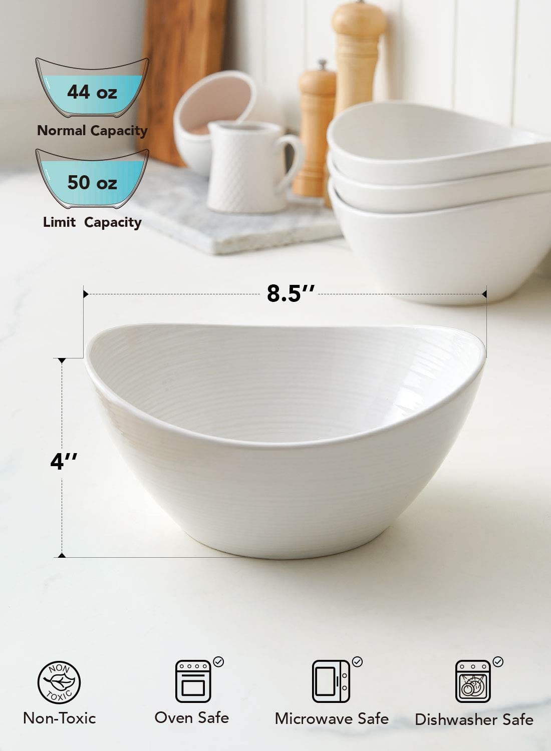 LE TAUCI Salad Bowls 44 Ounce, Ceramic Kitchen Serving Bowl Sets for Pasta, Cereal, Popcorn, Snack, Oven Dishwasher & Microwave Safe - 8.5 inch, Set of 4, White