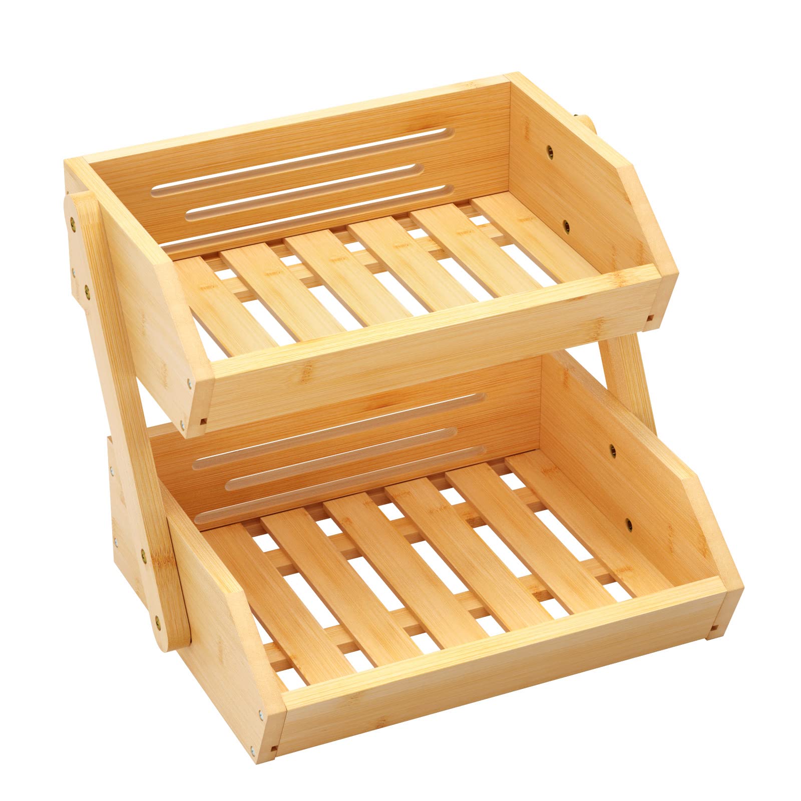 NUTUNI Fruit Basket for Kitchen, 2 Tier Fruit Basket, Bamboo Fruit Basket, Produce Storage, Fruit Holder, Fruit and Vegetable Storage for Potato, Onion, Bread and Snack - Natural (Self-assembly)