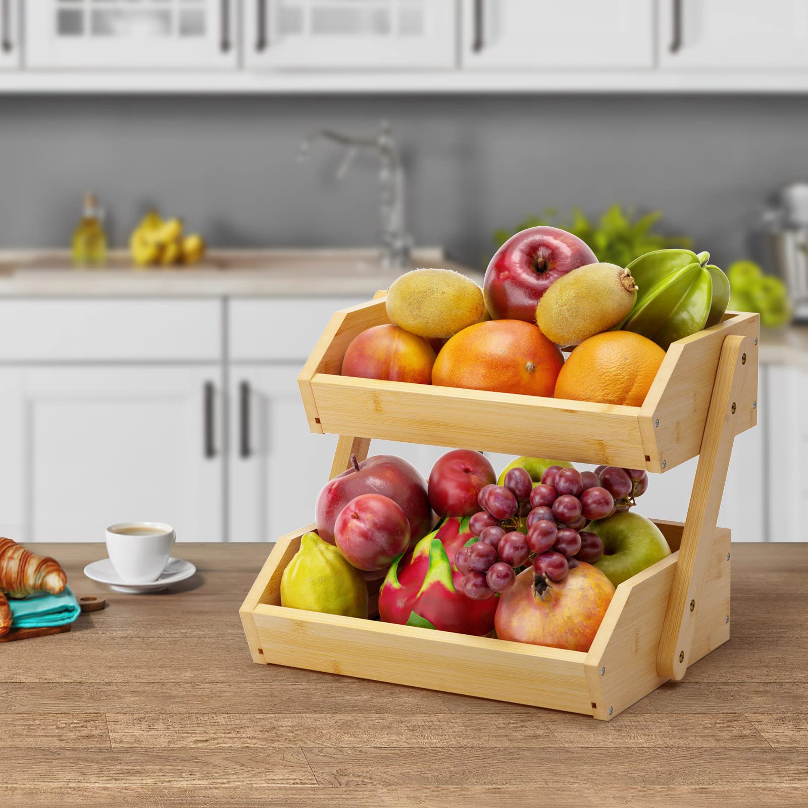 NUTUNI Fruit Basket for Kitchen, 2 Tier Fruit Basket, Bamboo Fruit Basket, Produce Storage, Fruit Holder, Fruit and Vegetable Storage for Potato, Onion, Bread and Snack - Natural (Self-assembly)