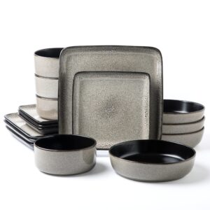 arora flackar square stoneware 16pc double bowl dinnerware set for 4, dinner plates, side plates, cereal bowls, pasta bowls - reactive glaze grey (476076)