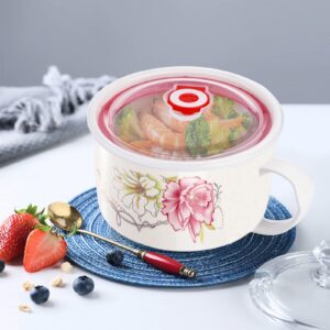 Frcctre 2 Pack Microwavable Ceramic Noodle Bowl Set with Lid and Handle, 27 Oz Ceramic Soup Bowl Set for Instant Noodle, Ramen, Soup, Cereals, Oat, Fruits, Snacks, Rose Pattern