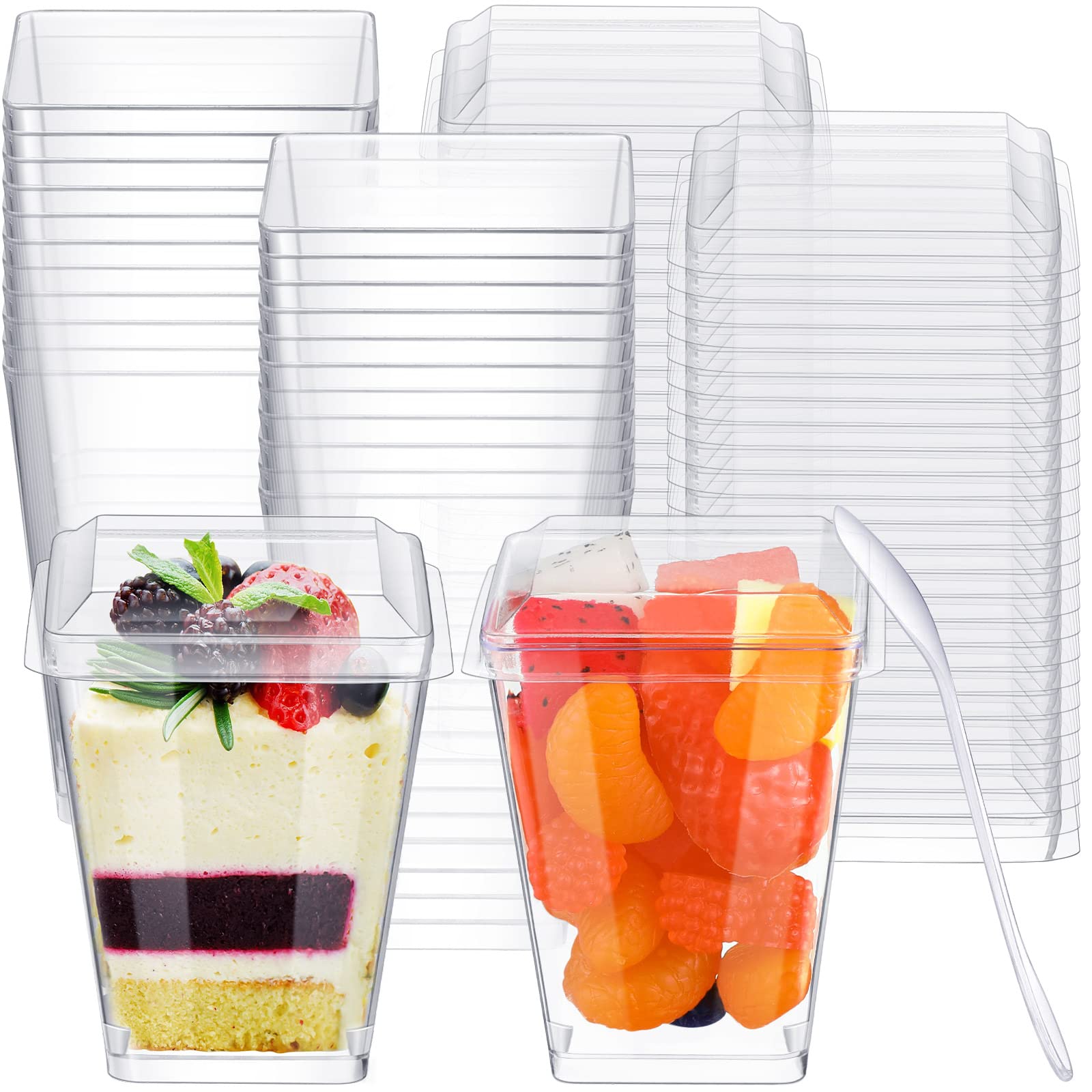 Square Clear Plastic Dessert Cups with Lids and Spoons Parfait Appetizer Cups for Tasting Party Desserts Appetizers Fruit Parfait Mousse Pudding (200 Pack, 4.5 oz)