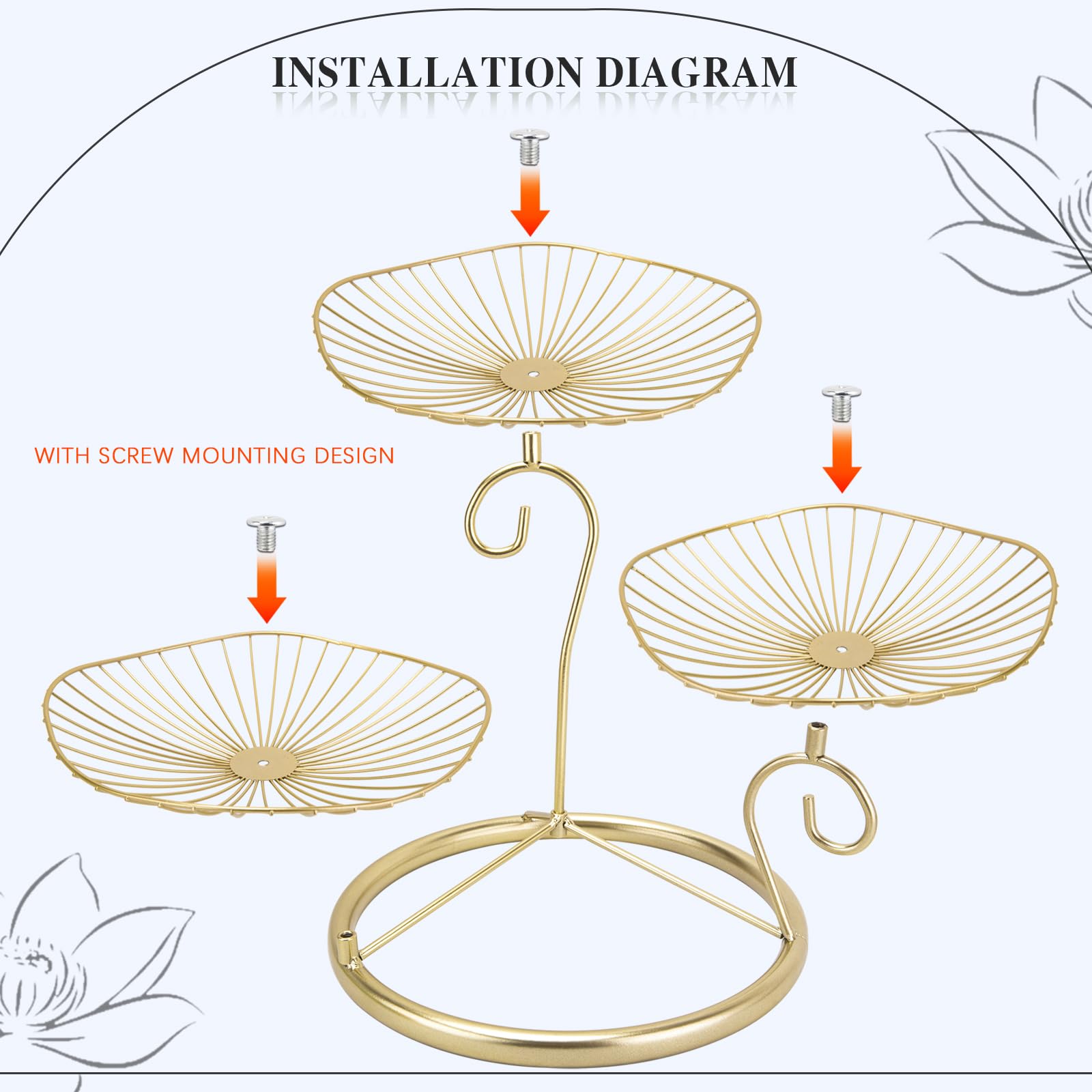 Fruit Basket for Kitchen Counter, 3 Tier Fruit Basket Gold, 3 Tier Fruit Bowl Modern Decorative