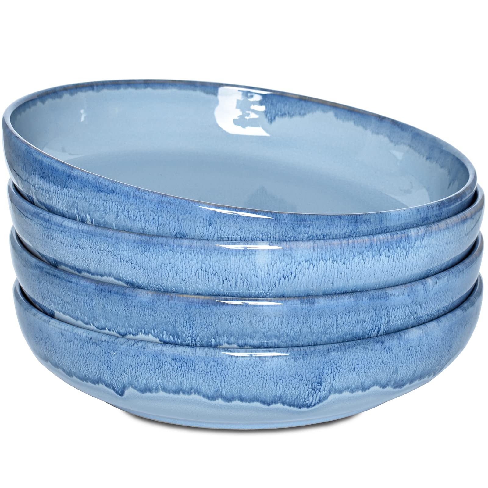 Bosmarlin Stoneware Large Pasta Bowls, Set of 4, 40 Oz, Big Salad Bowls, Microwave and Dishwasher Safe (Light Blue, 9.3 in)