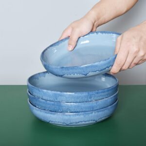 Bosmarlin Stoneware Large Pasta Bowls, Set of 4, 40 Oz, Big Salad Bowls, Microwave and Dishwasher Safe (Light Blue, 9.3 in)