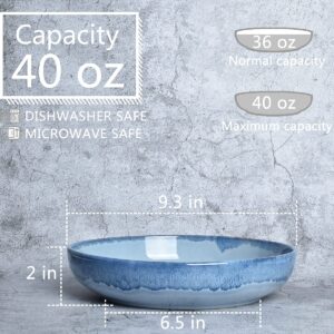 Bosmarlin Stoneware Large Pasta Bowls, Set of 4, 40 Oz, Big Salad Bowls, Microwave and Dishwasher Safe (Light Blue, 9.3 in)