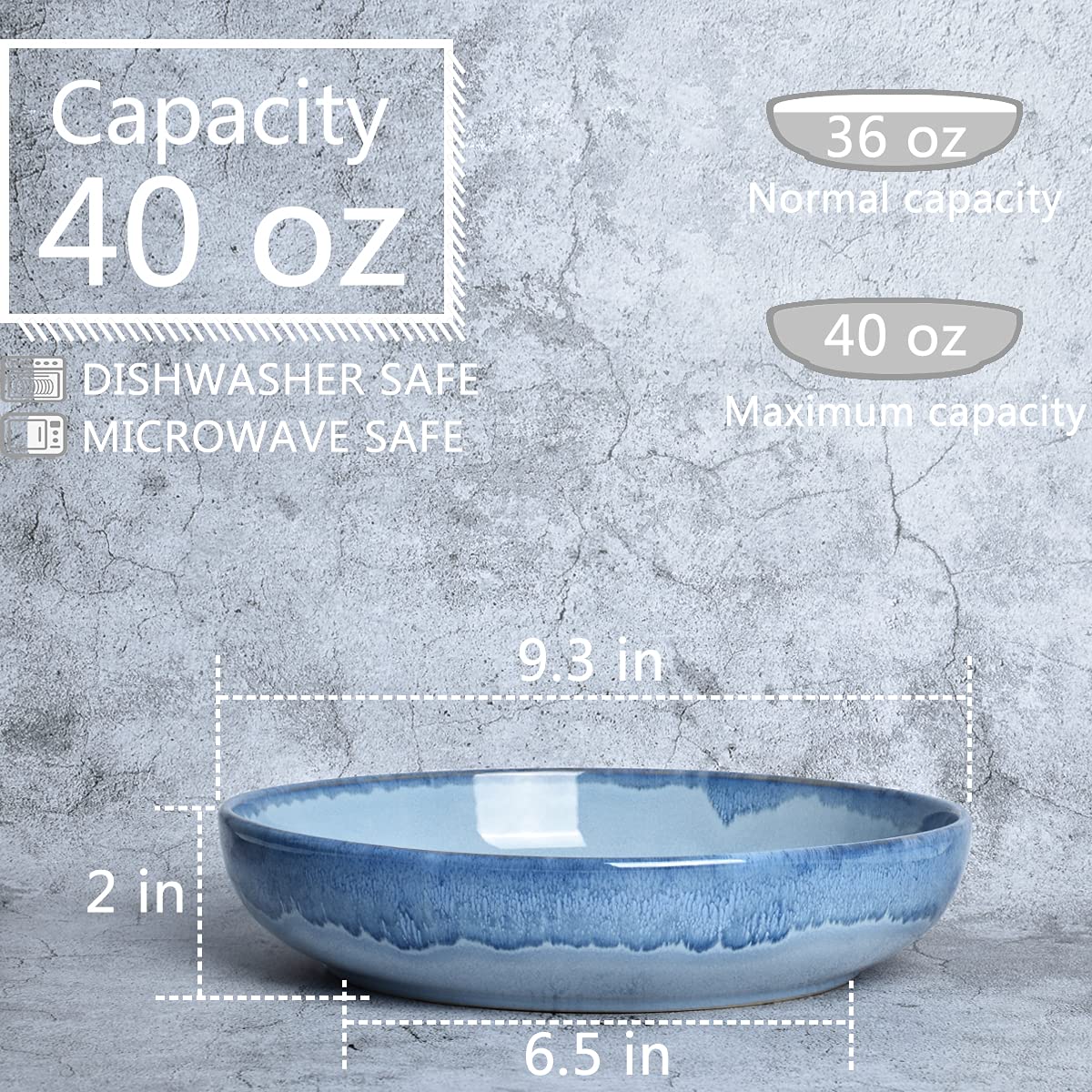 Bosmarlin Stoneware Large Pasta Bowls, Set of 4, 40 Oz, Big Salad Bowls, Microwave and Dishwasher Safe (Light Blue, 9.3 in)