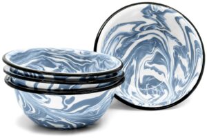 red co. set of 4 enamelware metal classic 20 oz round cereal bowl, navy blue/black rim - swirl design