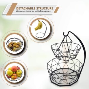 Simplil 2 Tier Vegetable and Fruit Basket With Banana Hanger, Countertop Detachable Bowls, Black