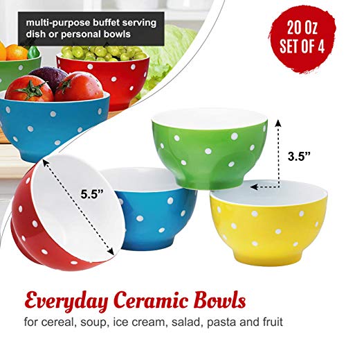 Bruntmore 20 Ounce polka Dot ceramic bowls, Dessert Bowls Set Of 4, 20 Oz Porcelain Dip Ice Cream Bowls, Serving Bowls,Microwave,Pasta Bowls Best for Christmas Gift