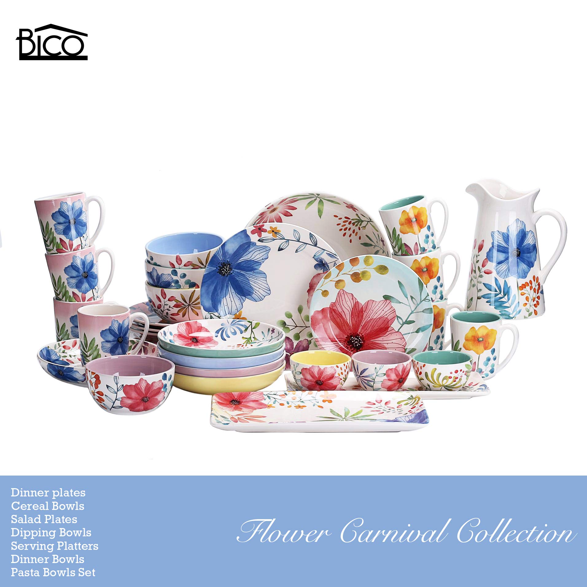 Bico Flower Carnival Ceramic 35oz Dinner Bowls, Set of 4, for Pasta, Salad, Cereal, Soup & Microwave & Dishwasher Safe