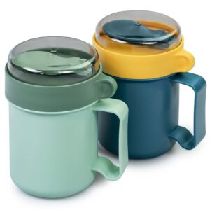 chiir microwave soup mugs with lids, 2-pack microwave safe mug for ramen noodles, soup, beverages, 17.63 ounces, green, 2-tone yellow, navy