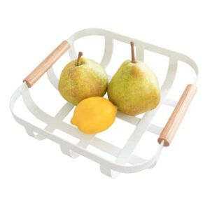 yamazaki home tosca fruit basket - kitchen decorative metal holder bowl - steel + wood, white