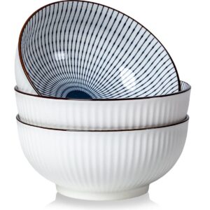 houlu 60 oz pho bowls, large soup bowl, japanese ramen bowl set, 8 inches big porcelain bowls set of 3, striped pattern