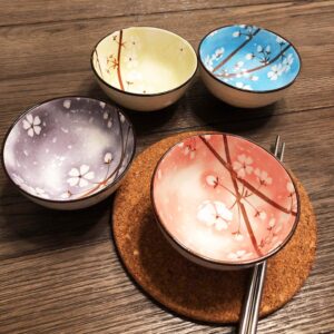 Mose Cafolo ~ Set of 4, Japanese Style Ceramic Rice Bowl Assorted Designs and Color with Phum Flowers Underglazed Dinnerware Ideal For Dessert Snack Cereal Soup in Gift Box