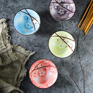 Mose Cafolo ~ Set of 4, Japanese Style Ceramic Rice Bowl Assorted Designs and Color with Phum Flowers Underglazed Dinnerware Ideal For Dessert Snack Cereal Soup in Gift Box