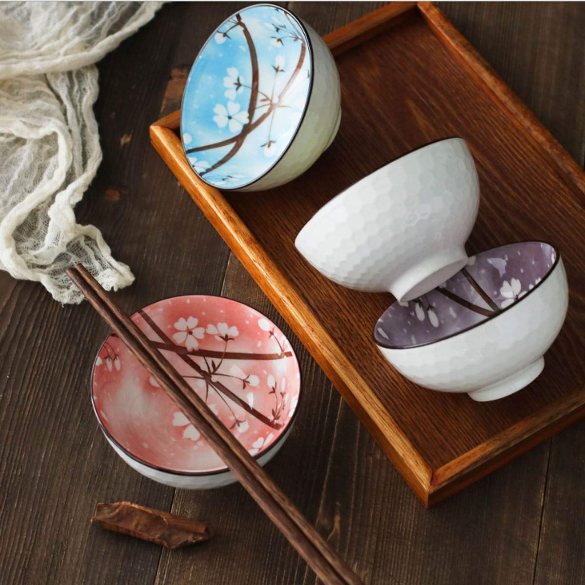 Mose Cafolo ~ Set of 4, Japanese Style Ceramic Rice Bowl Assorted Designs and Color with Phum Flowers Underglazed Dinnerware Ideal For Dessert Snack Cereal Soup in Gift Box