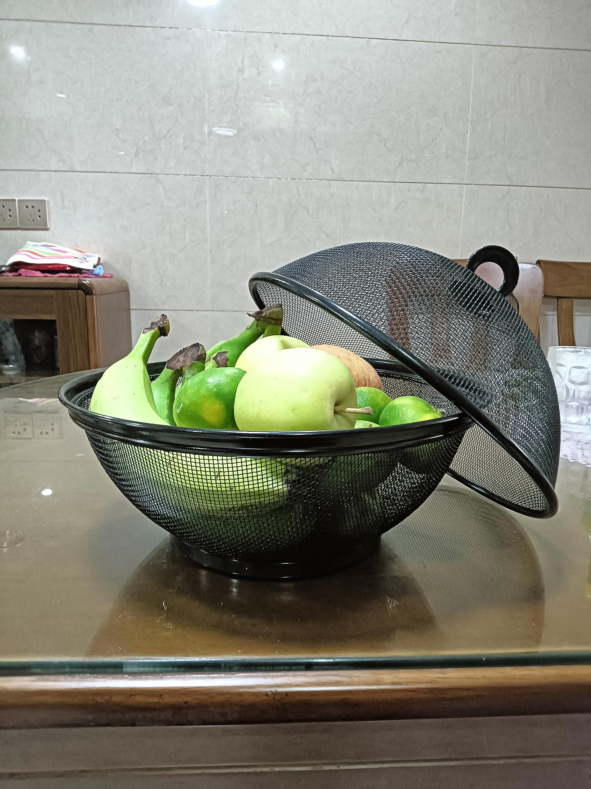 Mesh Wire Fruit Basket with Lid for Vegetables, Restaurant Kitchen Produce Containers Φ10.7" 2 Colors (White + Black) Total 2 Pack