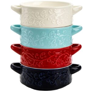 okllen 4 pack ceramic soup bowls with handles, 20 oz glazed french onion soup bowls embossed cereal bowls, stackable serving bowls for stew, pasta, chill, oven dishwasher safe, 4 colors