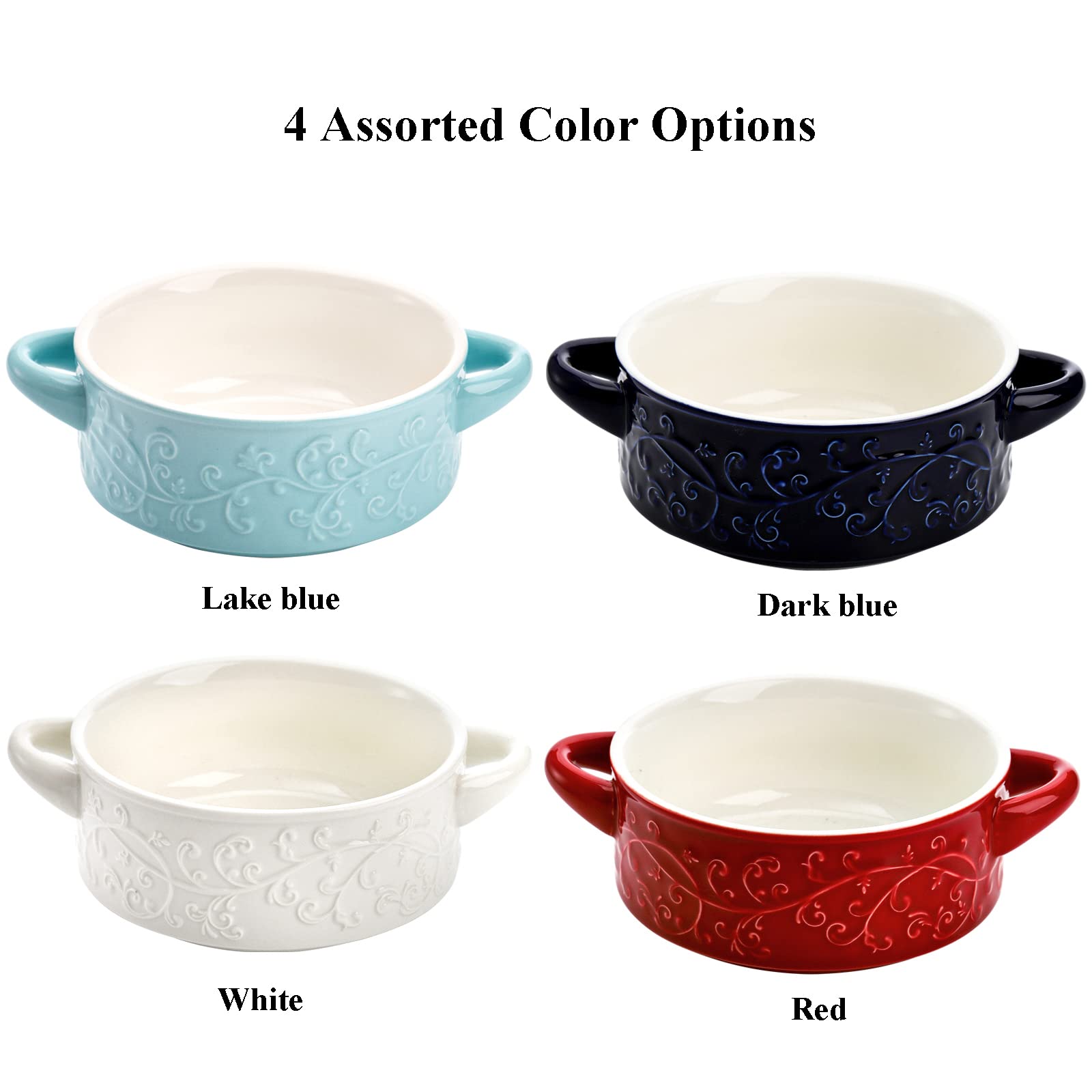 Okllen 4 Pack Ceramic Soup Bowls with Handles, 20 Oz Glazed French Onion Soup Bowls Embossed Cereal Bowls, Stackable Serving Bowls for Stew, Pasta, Chill, Oven Dishwasher Safe, 4 Colors