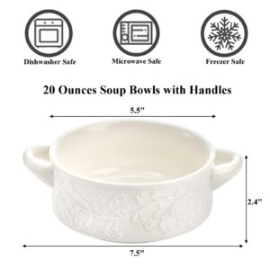 Okllen 4 Pack Ceramic Soup Bowls with Handles, 20 Oz Glazed French Onion Soup Bowls Embossed Cereal Bowls, Stackable Serving Bowls for Stew, Pasta, Chill, Oven Dishwasher Safe, 4 Colors