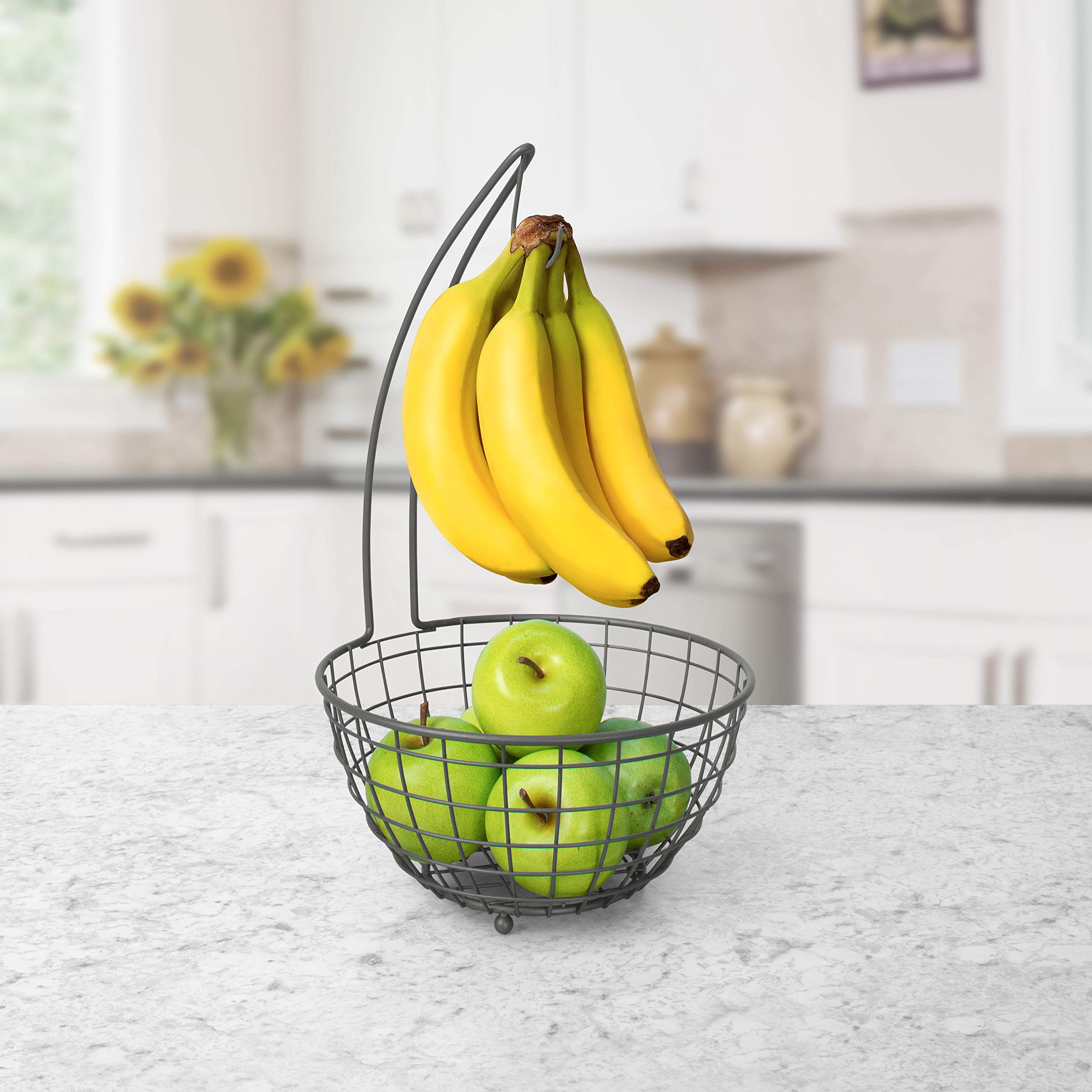 Spectrum Diversified Grid Small Tree & Basket Hanger & Fruit Basket, Produce Saver Banana Holder & Open Wire Fruit Bowl for Kitchen Counter & Dining Table, Industrial Gray