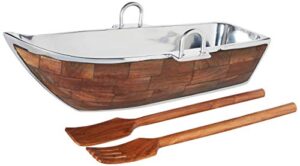 godinger wood lined boat bowl with salad server, silver