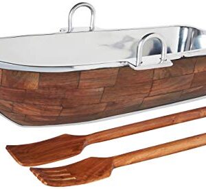 Godinger Wood Lined Boat Bowl with Salad Server, Silver