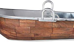 Godinger Wood Lined Boat Bowl with Salad Server, Silver