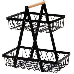 dicunoy metal storage basket with handles, 2 tier wire farmhouse organizer bin, rustic style black basket for home, kitchen cournertop, pantry, fruit, coffee, pasta, bathroom, office, living room