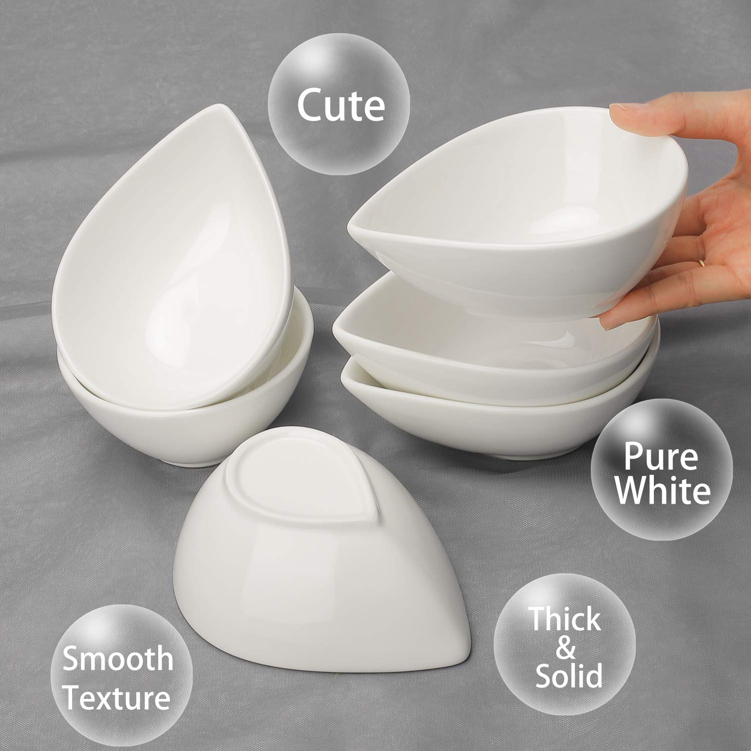 Keponbee Sauce Bowl for Dipping, Cute White Ceramic Dessert Bowls Set of 6 for Side Dish/Soup/Fruits/Nuts, 8oz/pc