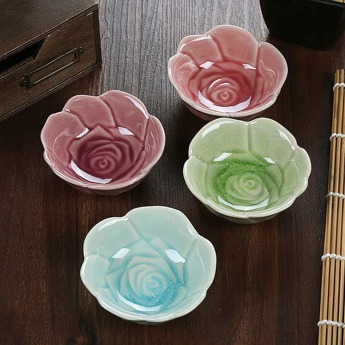 VanEnjoy 4 pcs Colorful Glaze Flower Pattern Ceramic Soy Sauce Dipping Bowls Appetizer Plates Serving Dishes Condiment Dish