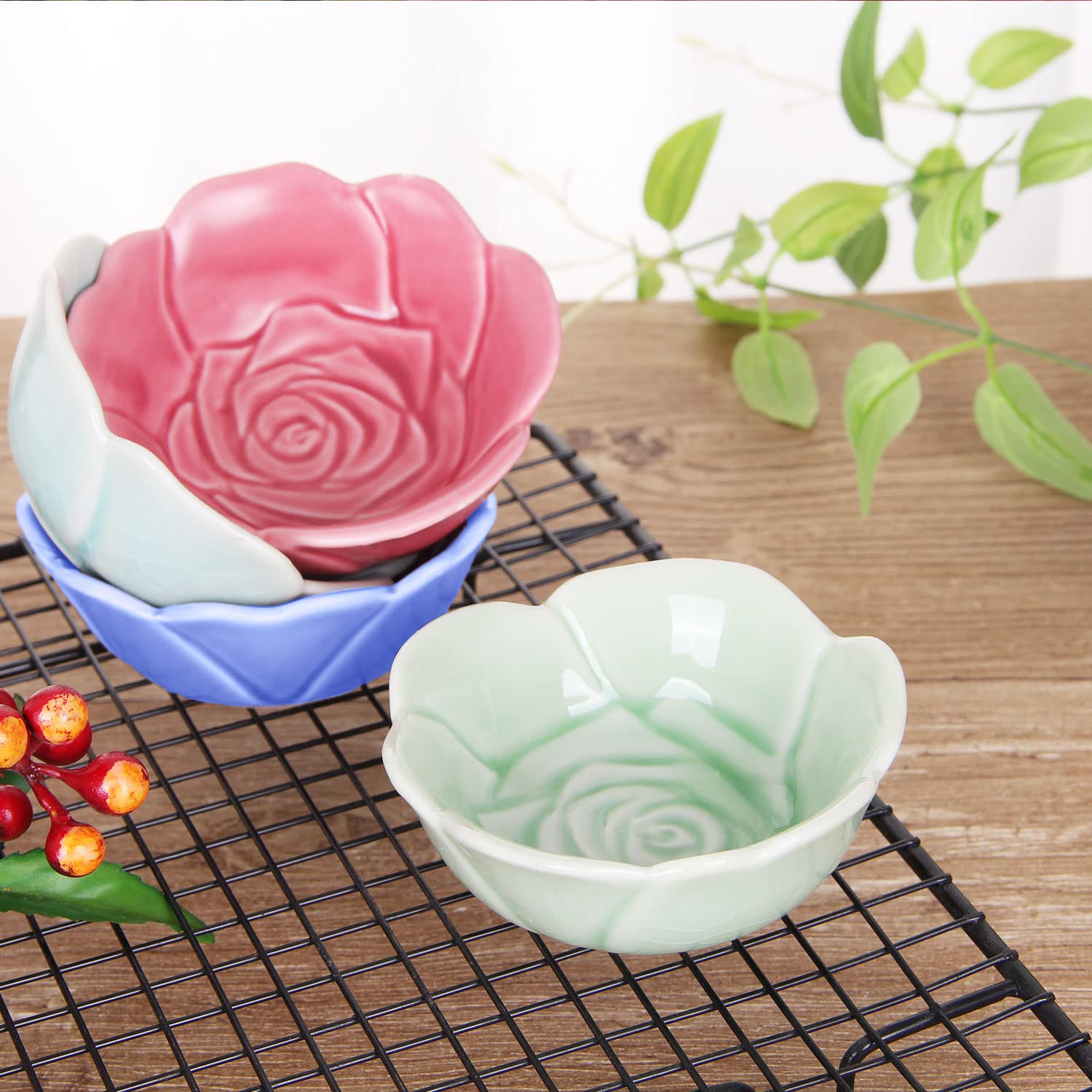 VanEnjoy 4 pcs Colorful Glaze Flower Pattern Ceramic Soy Sauce Dipping Bowls Appetizer Plates Serving Dishes Condiment Dish