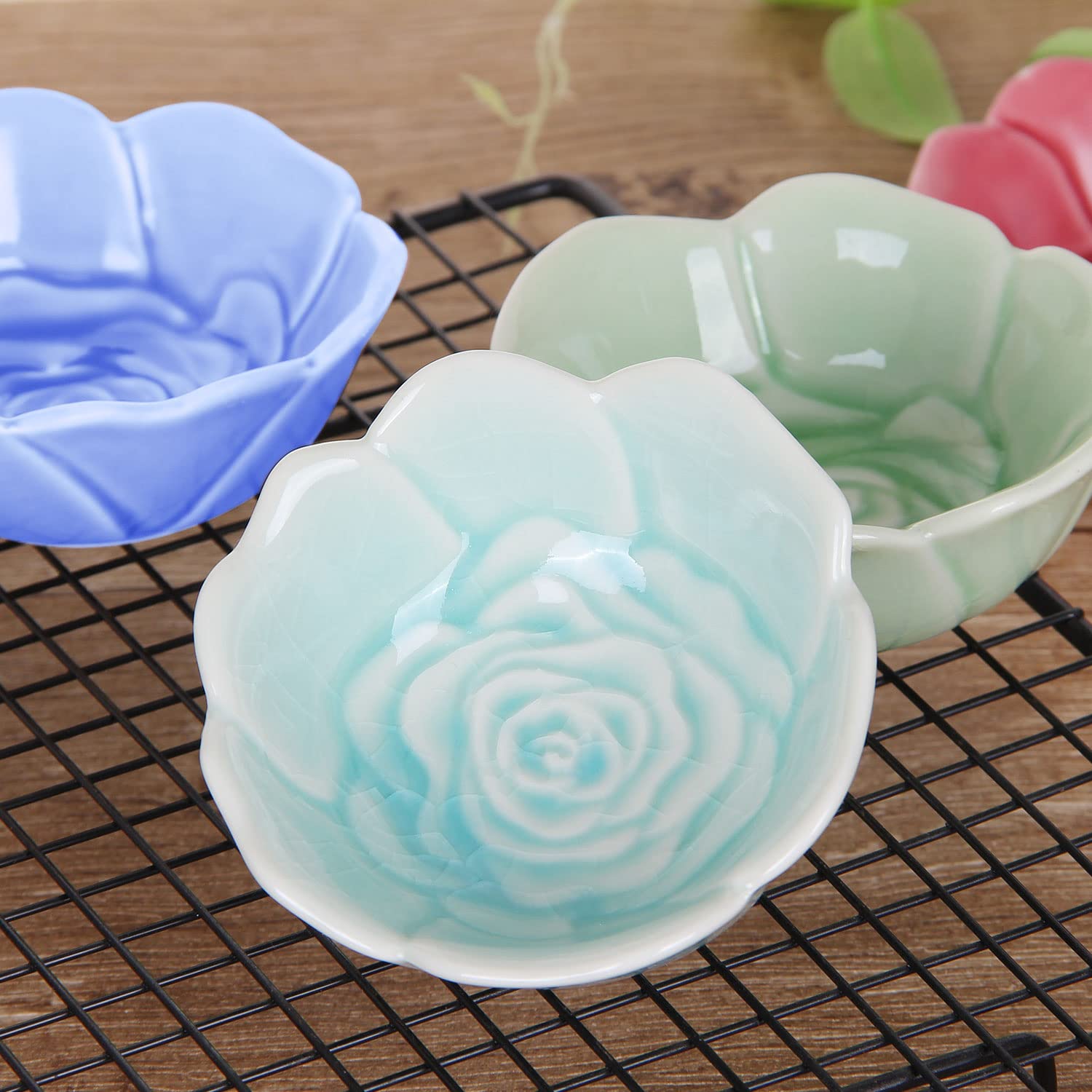 VanEnjoy 4 pcs Colorful Glaze Flower Pattern Ceramic Soy Sauce Dipping Bowls Appetizer Plates Serving Dishes Condiment Dish