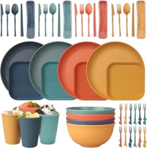 wheat straw dinnerware sets 48 pieces,unbreakable dinnerwareset,microwave safe dinnerware,reusable dishware sets,for kitchen/camping/caravan/dorm tableware, kids plates and bowls sets